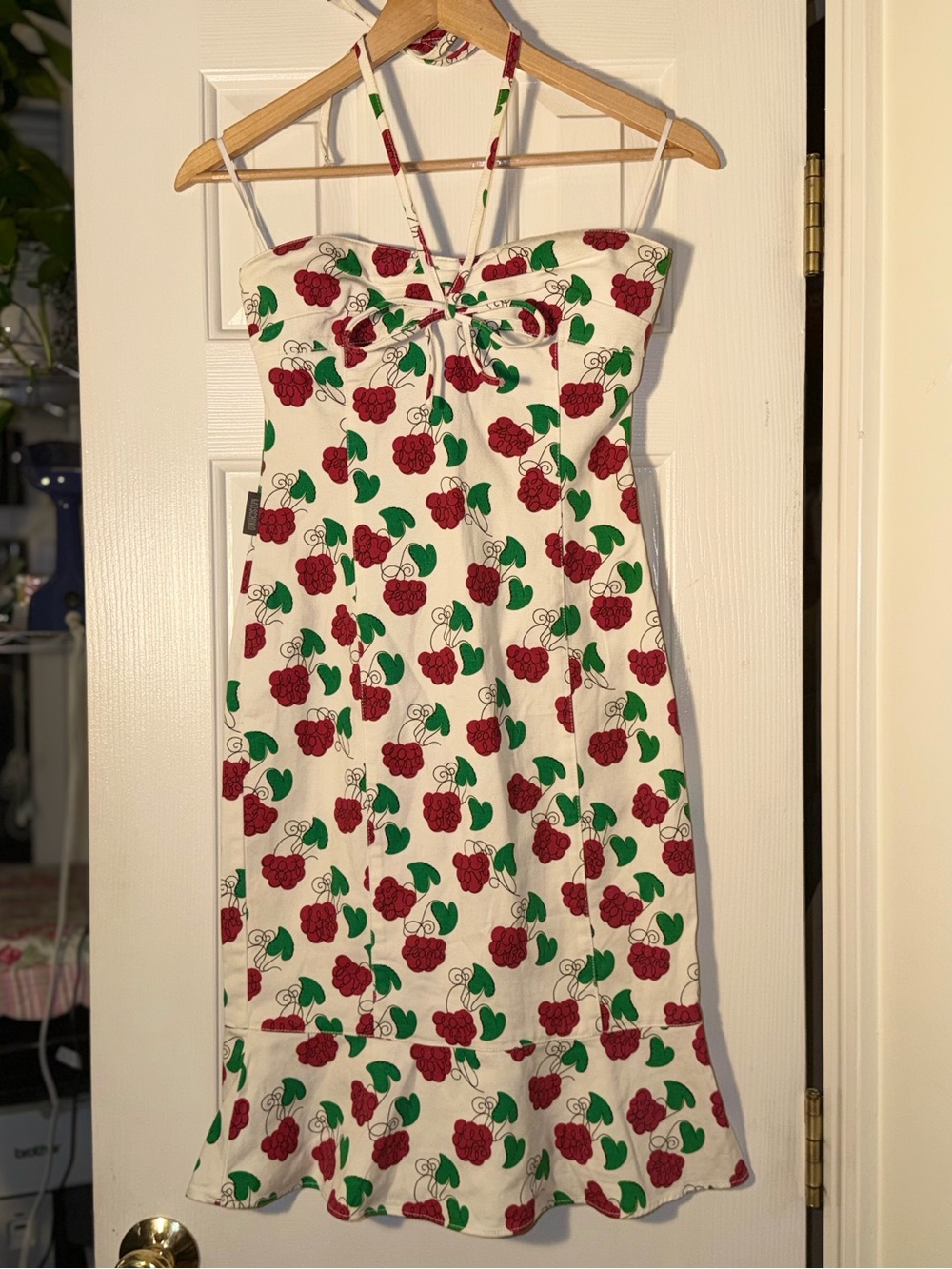 Vintage Moschino Jeans Raspberry Print Halter Midi Dress US 6 Italy Y2K